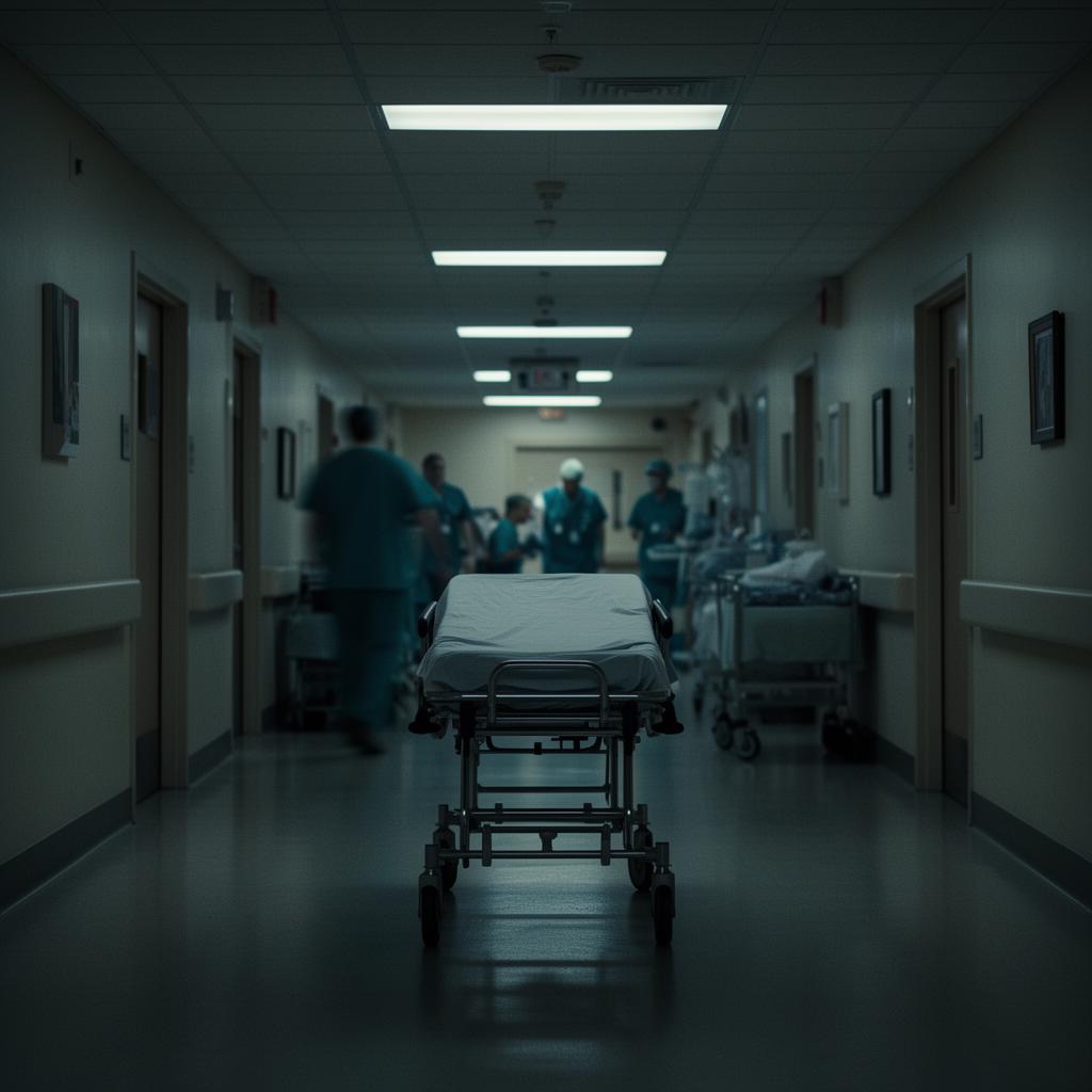Hospital emergency hallway with empty gurney