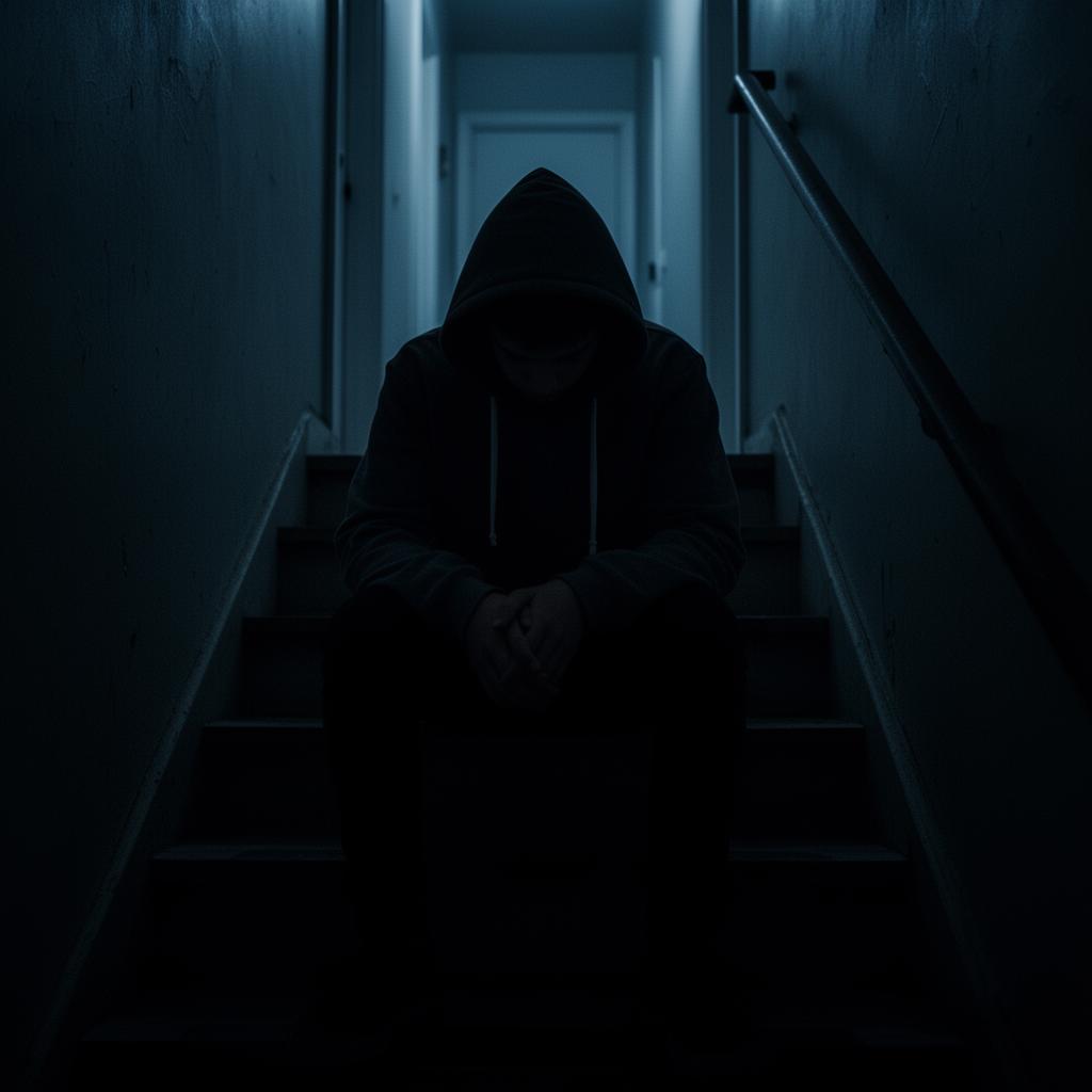 Hooded teenager sitting alone on dark stairs