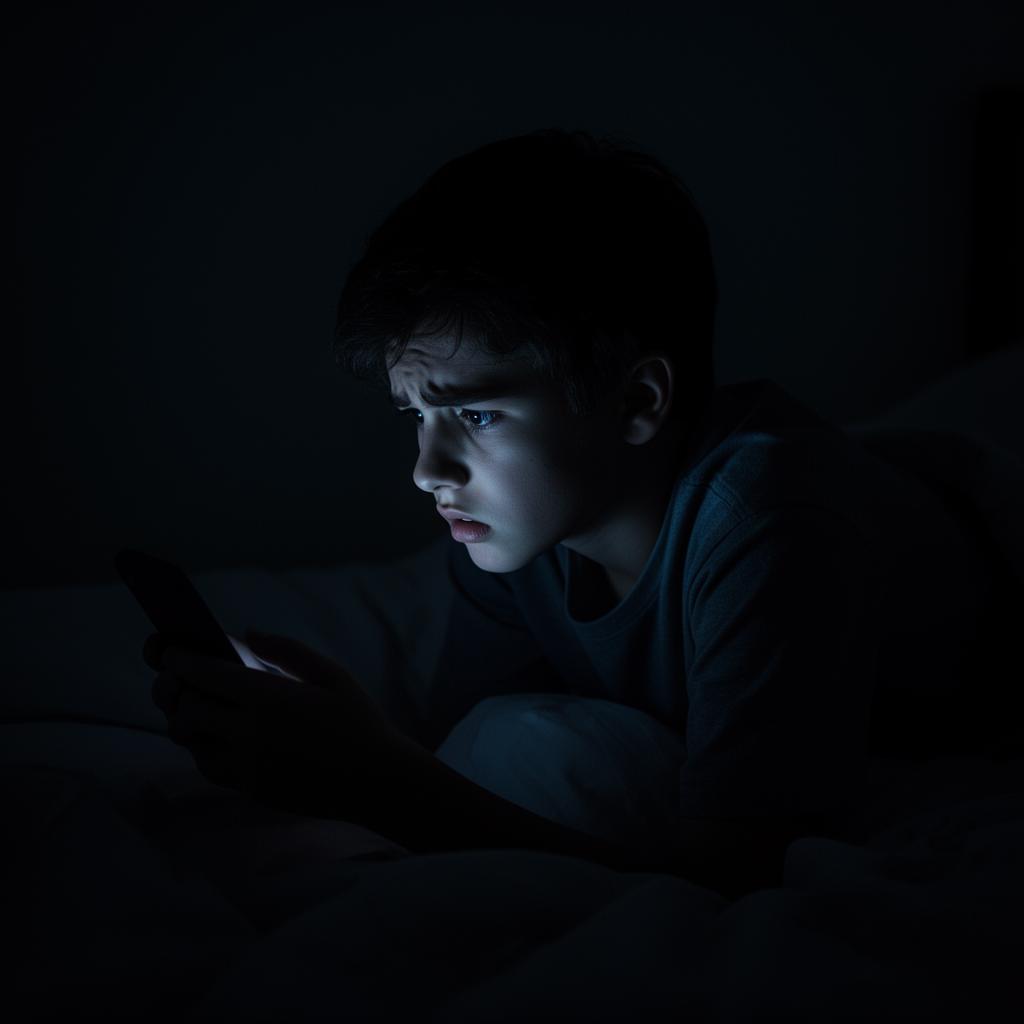 Teenager alone in dark room lit by phone screen