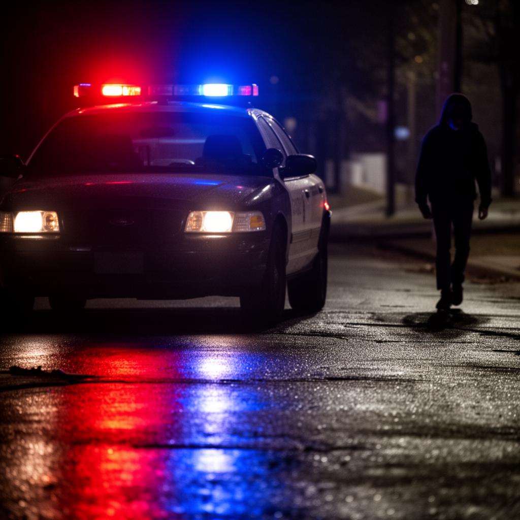 Police car lights at night with figure walking away